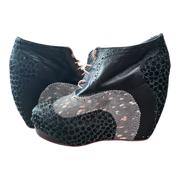 Irregular Choice Black and Grey Leopard Pony Hair Leather Wedge Bootie - Picture 5 of 5